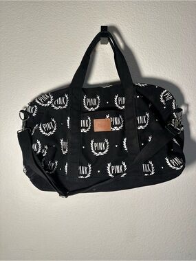 PINK Victoria's Secret Black Canvas Duffel with White Logo Print